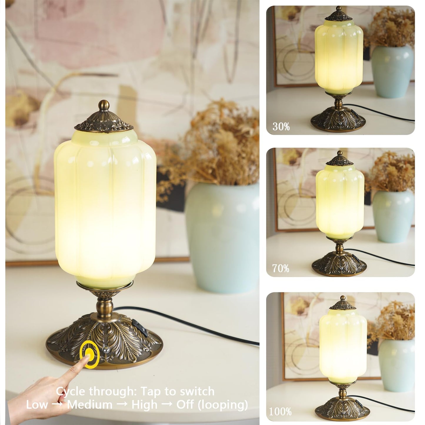 Milk Glass Touch Table Lamp, Elegant Green Jadeite Glass Bedside Desk Lamp 3 Way Dimmable with USB C+A Charging Ports - Bedroom Nightstand & Living Room Essential, 4W Bulb Included (Green, 6.5)