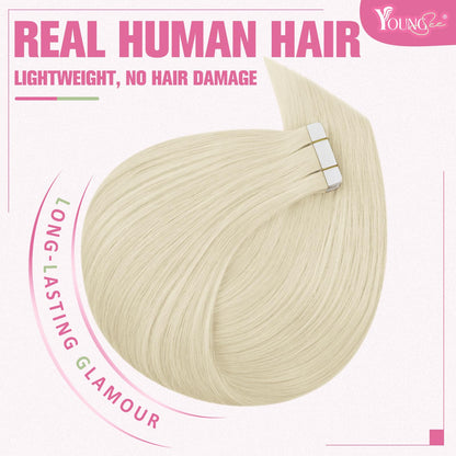 YoungSee Blonde Tape in Hair Extensions Human Hair 20pcs Platinum Blonde Tape Hair Extensions Real Human Hair 12Inch 30g Short Straight Hair for Women