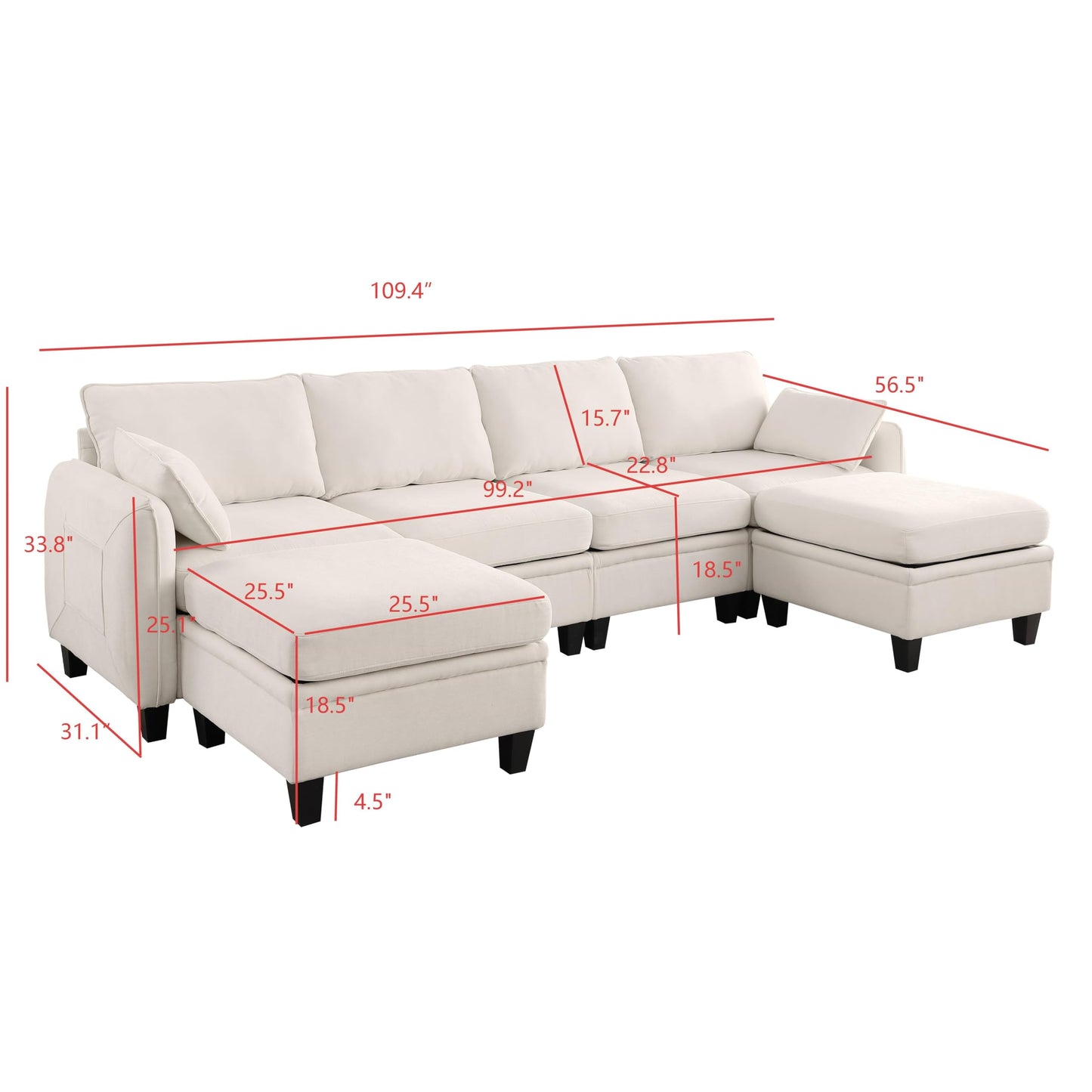 KEIKI 109 Inch Chenille Sectional Sofa Set, Modern U-Shaped Sleeper Cloud Couch with Storage Pockets & Ottoman, 6-Seater Modular Sofa Couches Bed for Apartment Living Room Lounge, Easy Assembly, Grey
