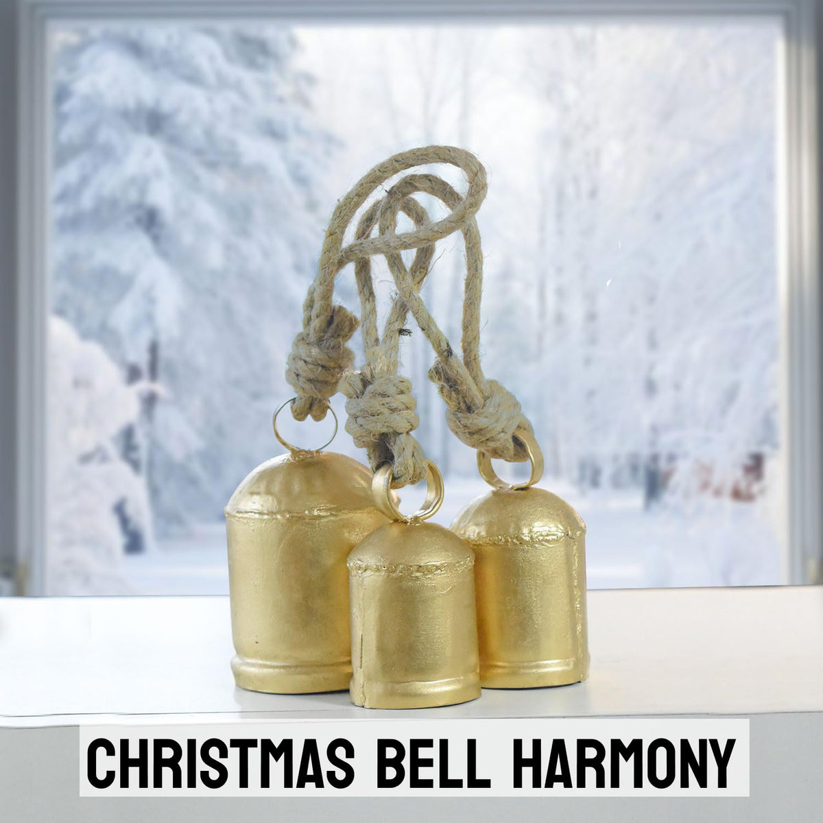 Christmas Hanging Large Cow Bells - Rustic Golden Metal Bells for Farmhouse, Garden & Holiday Décor (Medium (5”4”3” Inch))