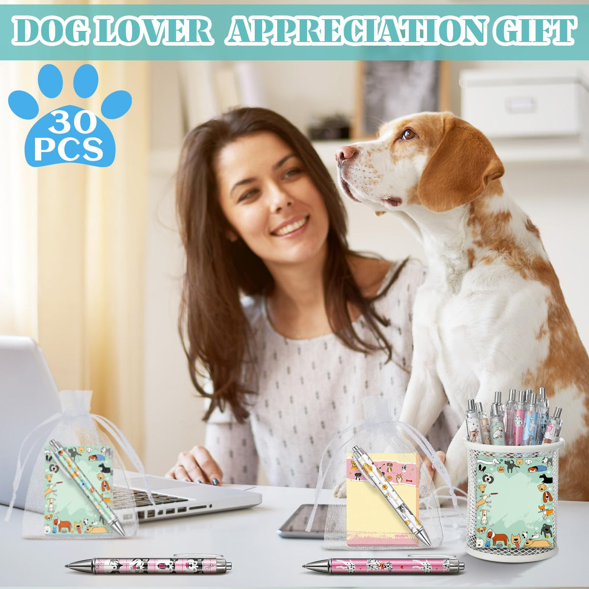 Moinchore 90 Pcs Employee Appreciation Gifts Set 30 Pcs Inspirational Sticky Notes 30 Motivational Ballpoint Pens 30 Mesh Bags Thank You Christian Gifts for Nurse Teacher Coworker(Dog)