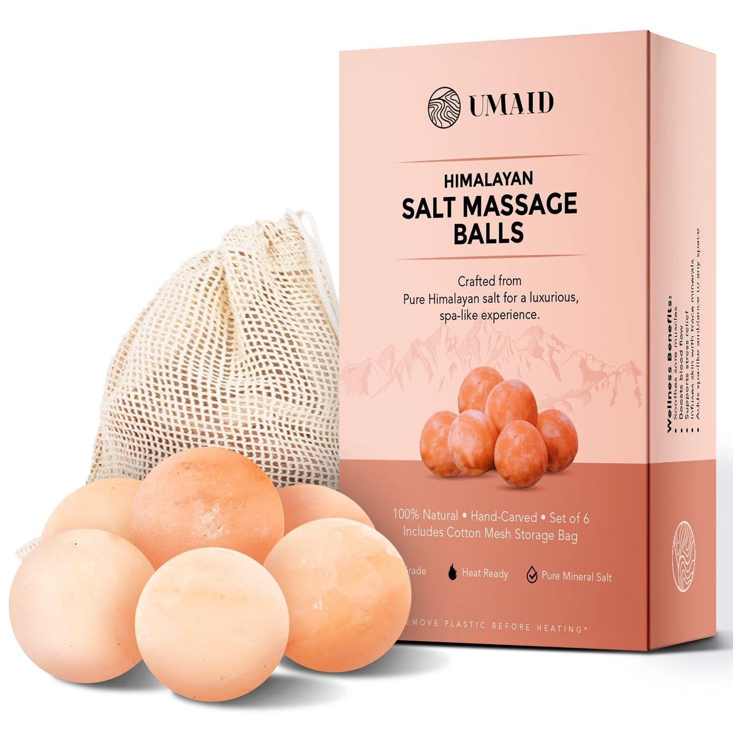 UMAID Himalayan Salt Massage Balls 6-Pack – Natural Himalayan Salt Massage Stones with Cotton Mesh Bag for Hot & Cold Muscle Relief, Spa Massage Therapy, Relaxation & Wellness Gifts for Men & Women
