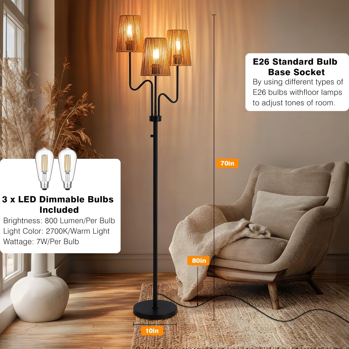 9MMML Farmhouse Boho Dimmable Floor Lamp with Rattan Shade, 68'' Tall Floor Standing Lamp, 3-Light Floor Lamp for Living Room, Bedroom, Office, Corner, 3 x E26 LED Bulb Included