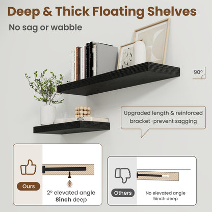 Axeman Square Floating Shelves for Wall, 8" W x 8" D x 1.4" H Rustic Wooden Wall Shelves, 4 Pack Wall Mounted Floating Shelf with Invisible Brackets for Living Room, Bathroom, Kitchen, Black Color