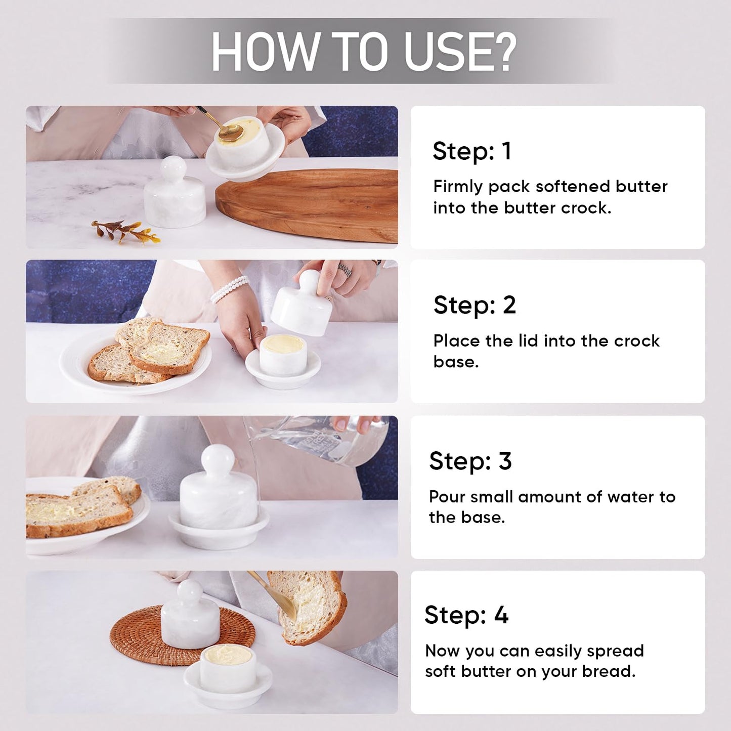 Marble Mini Butter Dish with Lid 4 Inch White French Butter Crock, Soft Butter Spreader, Butter Keeper for Kitchen Décor and Storage, Gift for Her Mother’s Day