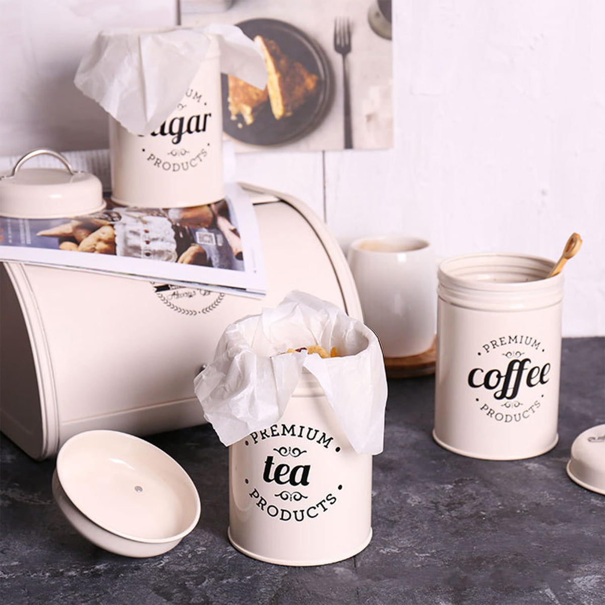 Hedume Set of 3 Airtight Kitchen Canister Decorations with Lids, Coffee, Tea, Sugar Metal Containers, Decorative Nesting Kitchen Canister Jars, Food Storage