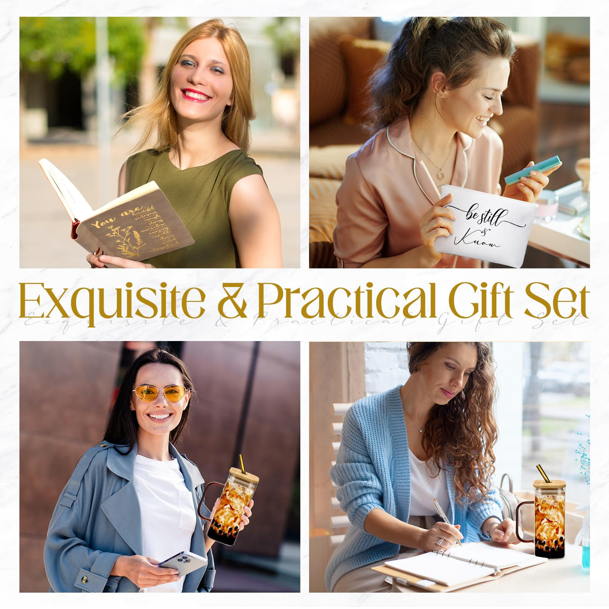 Skylety 6 Pcs Christian Gifts Set for Women Prayer Journal with Pens Makeup Bag Glass Cup Bible Study Supplies for Church Office Teacher Mother's Day Birthday Graduation Religious Gifts(Brown)