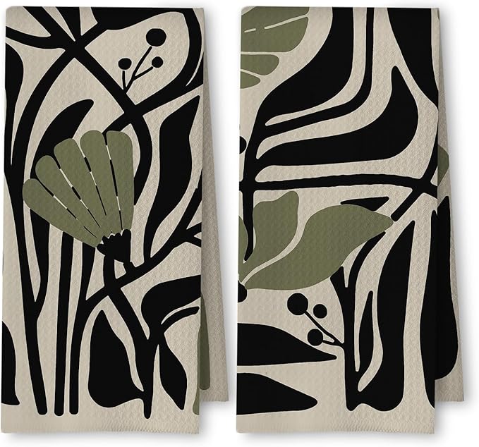 Abstract Dark sage Green and Black Boho Floral Kitchen Towels Set of 2