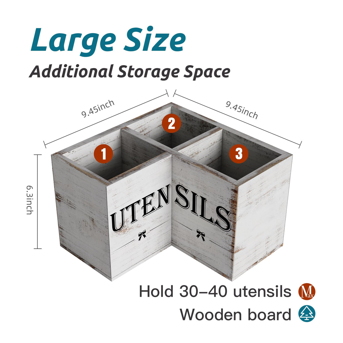 Suli Extra Large Utensil Holder with 3 Compartments,Corner Kitchen Shelf,Wooden Utensil Organizer for Kitchen Countertop, Farmhouse Decor, Rustic Cooking Utensil Storage- White grain