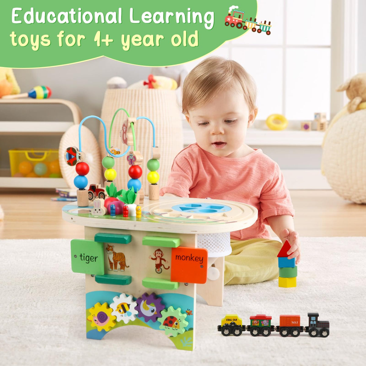 Gemileo Activity Table for 1 Year Old Montessori Educational Learning Toys for 1 2 Year Old Girls Boys Toddlers Baby 12-18 Months 1st First Birthday Gifts 10 in 1 Wooden Bead Maze Sensory Center Toys