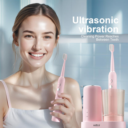 Electric Toothbrush Set with Drying & Sanitizing Holder, 8 Replacement Brush Heads, Transparent Rinse Cup, Smart Timer, USB Rechargeable for Adults
