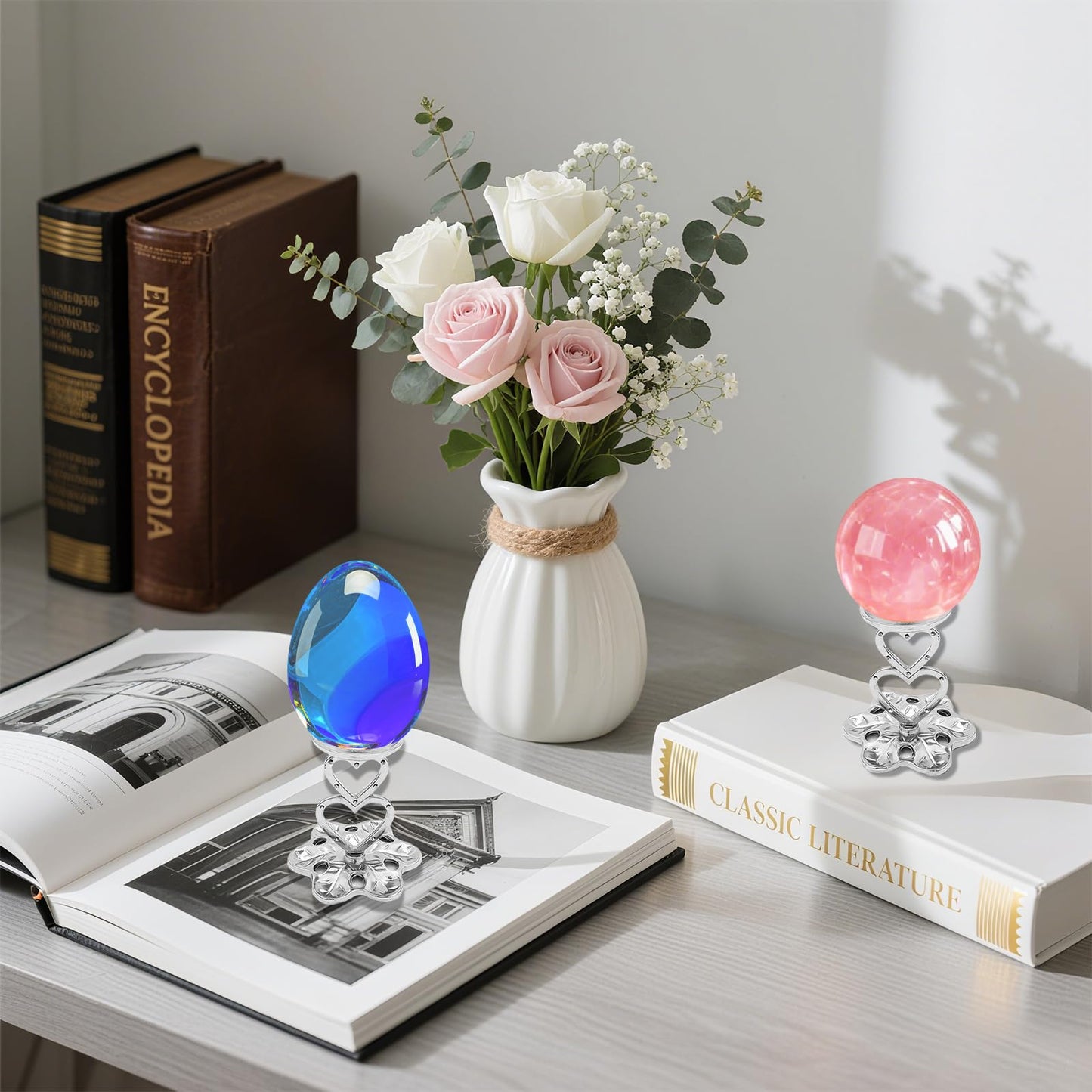 GeryVtee 4PCS Metal Crystal Ball Stand Sphere Display Stand Crystal Holder Balls Ornament Rack Holder Metal Base Heart Flower Shape (Silver)