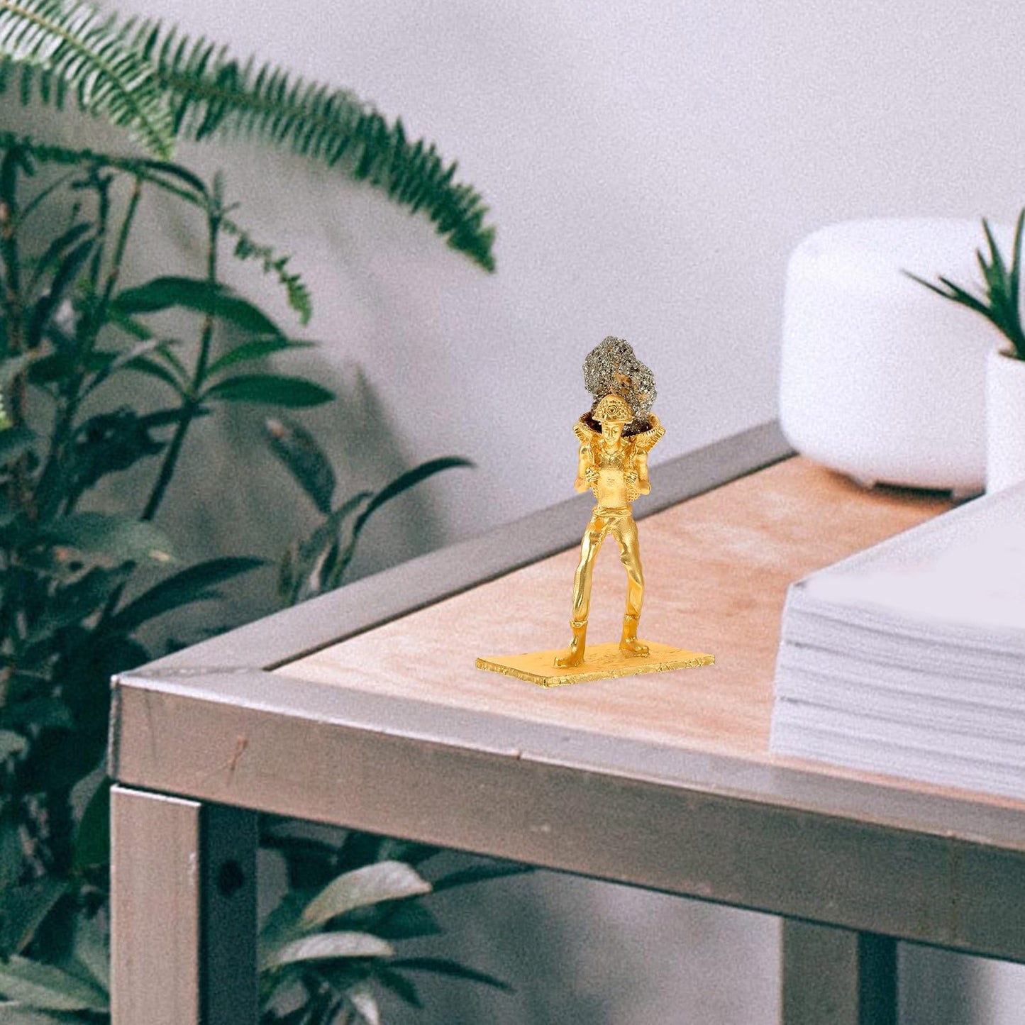 BESPORTBLE Mineral Cluster Ornament with Metal Miner Figurine and Back Basket, Irregular Raw Brass Ore Stone Craft for Home and Office Table Decoration
