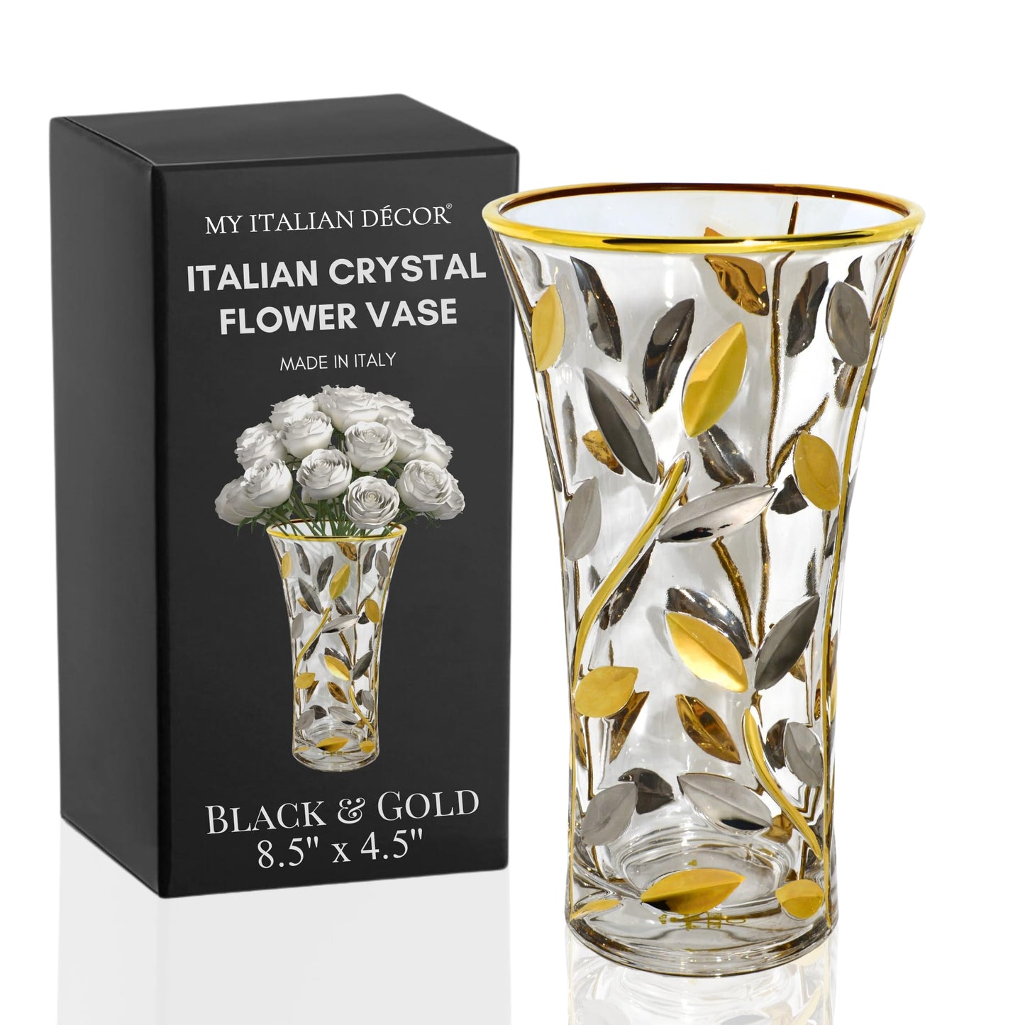 Luxury Italian Glass Vase, 8.5-inch, Silver & Gold, Modern Flower Vase for Centerpieces, Shelf Decor, Perfect Centerpieces for Table Home Decor Accents, Handcrafted, Made in Italy