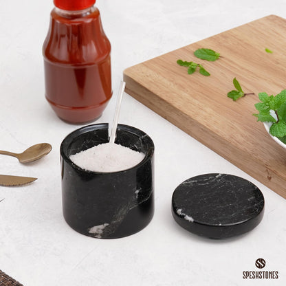SPESHSTONES Marble Salt Cellar with Lid and Spoon 3 Inch Handmade Black Small Seasoning Containers - Decorative Spice Jars, Sugar Bowl & Flaky Salt Dish for Kitchen Countertop Storage