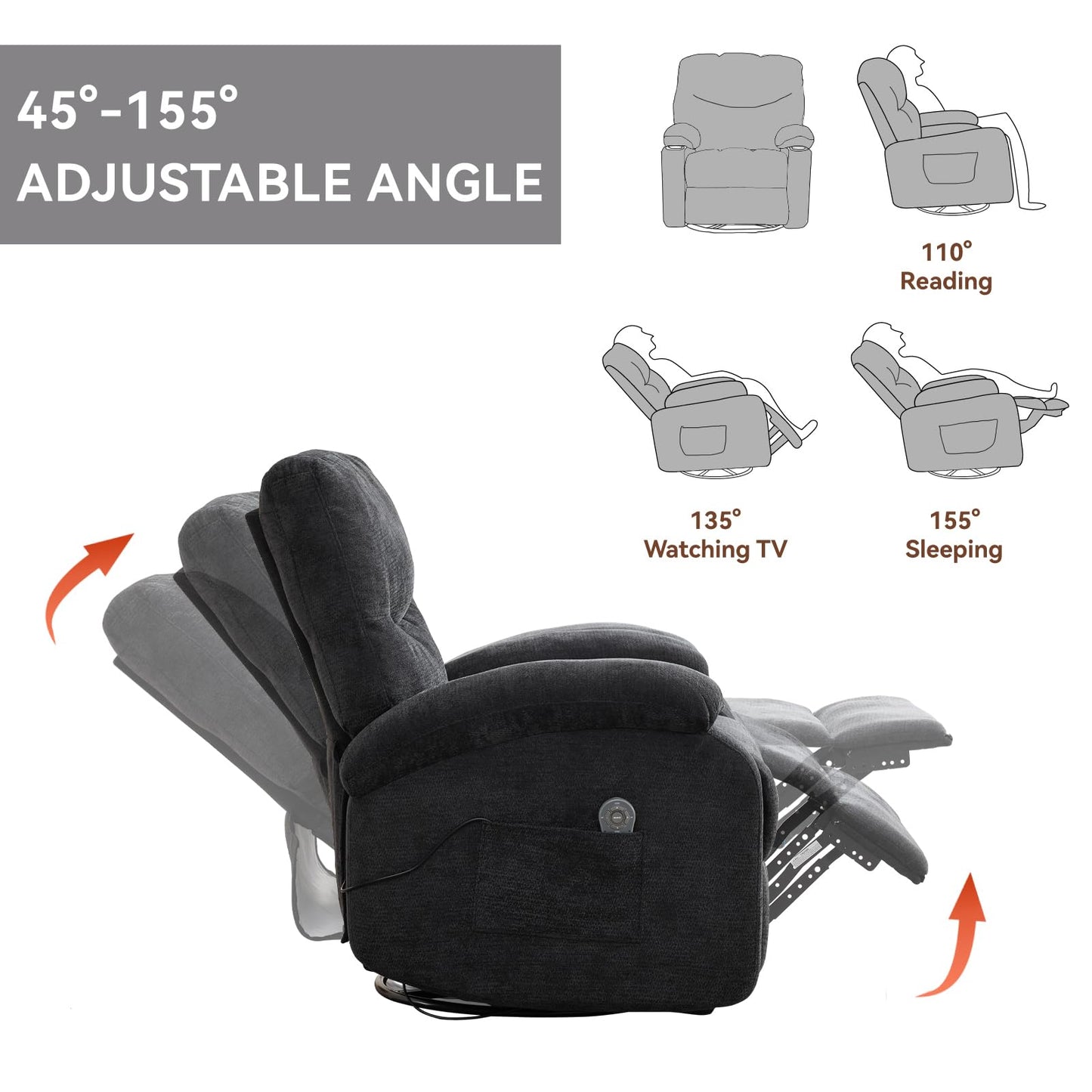 KEIKI Manual Hot Massage Recliner Chair with 360° Swivel and Rocking, 8-Point Vibration Massage & Lumbar Heat, Chenille Elderly Lazy Boy Sofa with Cup Holder for Living Room, Black