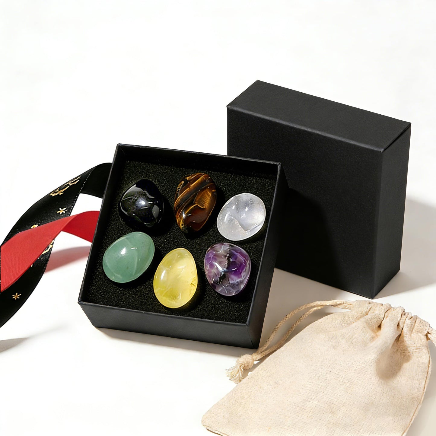 6 Pcs Natural Tumbled | Crystal Set Feng Shui Decor Premium Box for Good Luck, Wealth & Protection | Citrine, Amethyst, Black Obsidian Energy Stones | DIY Ribbons & Storage Pouch Spiritual Gift