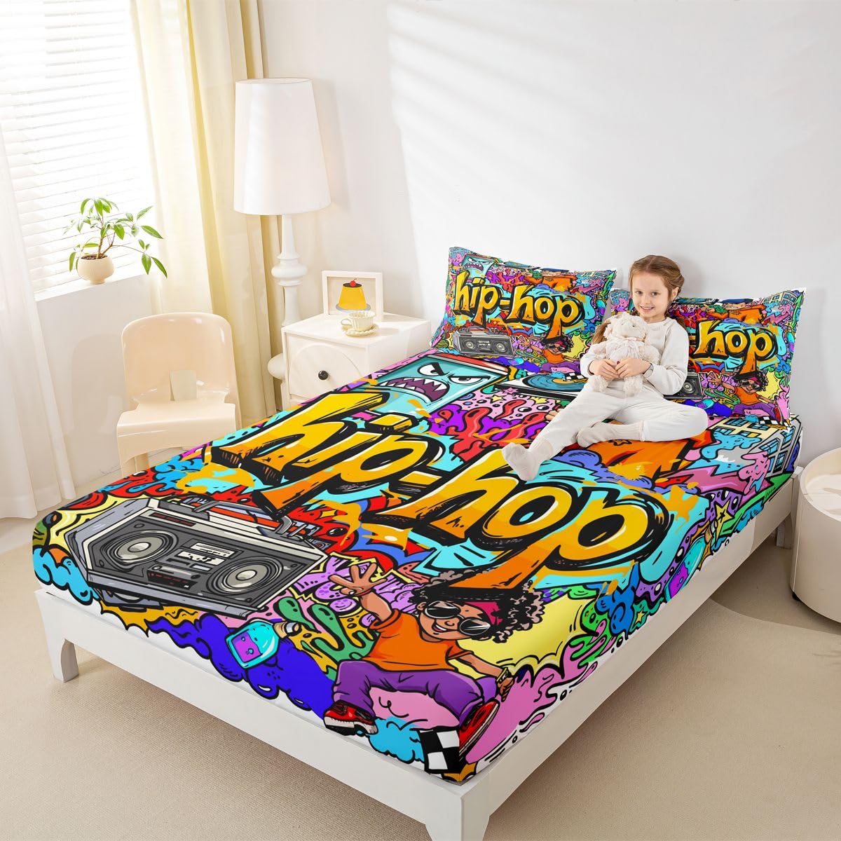 Feelyou Hippie Graffiti Sheets Hip Hop Radio Rock Bed Sheet Set Kids Boys Colorful Graffiti Pattern Bedding Set Watercolor Art Fitted Sheet Bedroom Collection 3Pcs Full Size