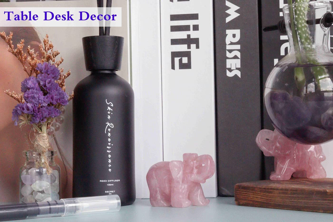 2" Rose Quartz Elephant Decor and Crystal Tree of Life Healing Crystal Cute Polished Natural Stone Hand-Carved Statue Figurines Energy Hippie Home Room Office Desk Decoration Gifts for Women Men