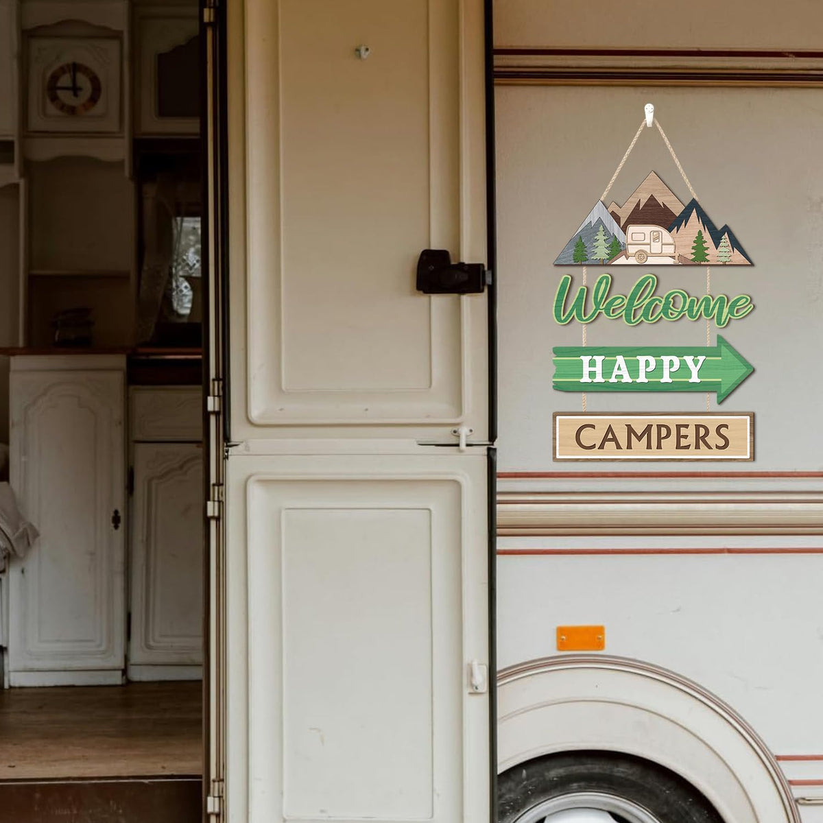 TOARTi 4Pcs Welcome Happy Camper Porch Sign Camping Party Decoration Camping Welcome Hanging Signs for Camper Backyard Outdoor Decor Adventure Quote Wooden Plaque