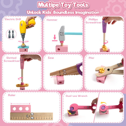 TONZE Pink Wooden Kids Tool Set with Drill 44Pcs Educational Montessori Toys for 3 Year Old Girl, STEM Toys Toddler Tool Set with Apron & Box Birthday Gifts for 3 4 5 6 Year Old Girls