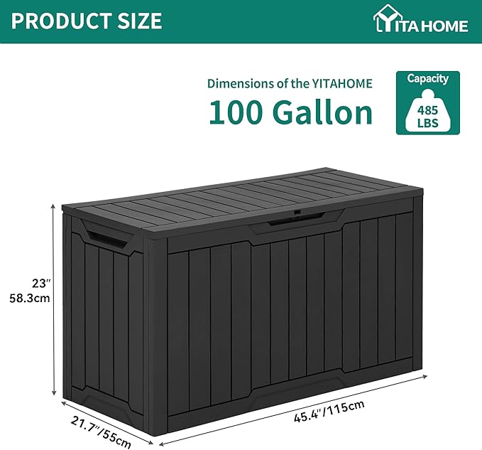 YITAHOME 100 Gallon Resin Deck Box, Weather Resistant Outdoor Storage Box, Lockable Indoor Outdoor Storage for Supplies and Essentials, Black