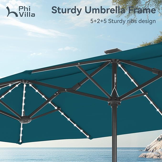 PHI VILLA 13ft Patio Umbrella with Solar-Powered 120 PCS LED Color-Changing Lights, Triple-Head Large Rectangle Umbrella Outdoor Patio for Table with Crank Lift,Cyan(No Base)