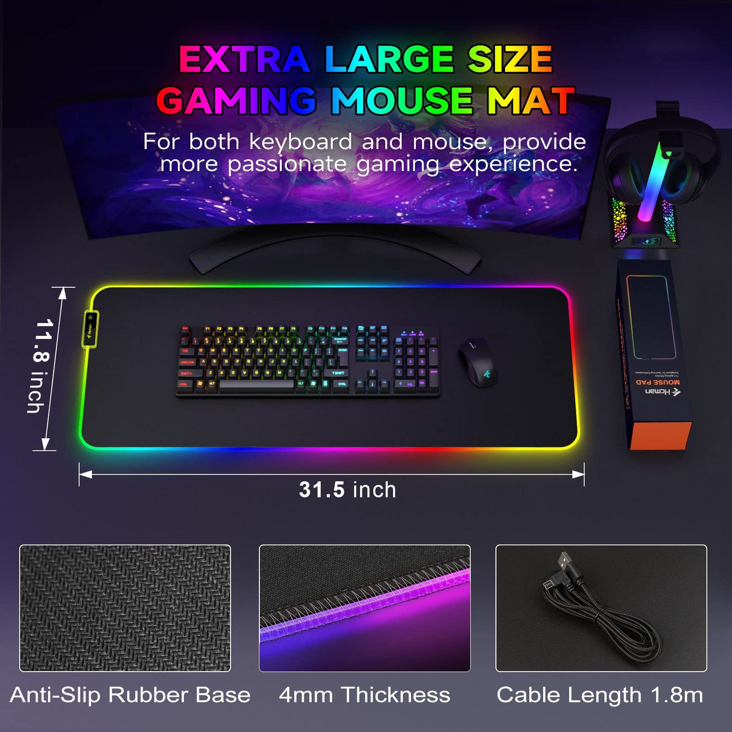 Hcman RGB Gaming Mouse Mat Pad, Large Thick (800×300×4mm) XXXL Extended Led Mousepad with Non-Slip Rubber Base, Soft Computer Keyboard Mice Mat for Macbook, PC, Laptop, Desk - Black