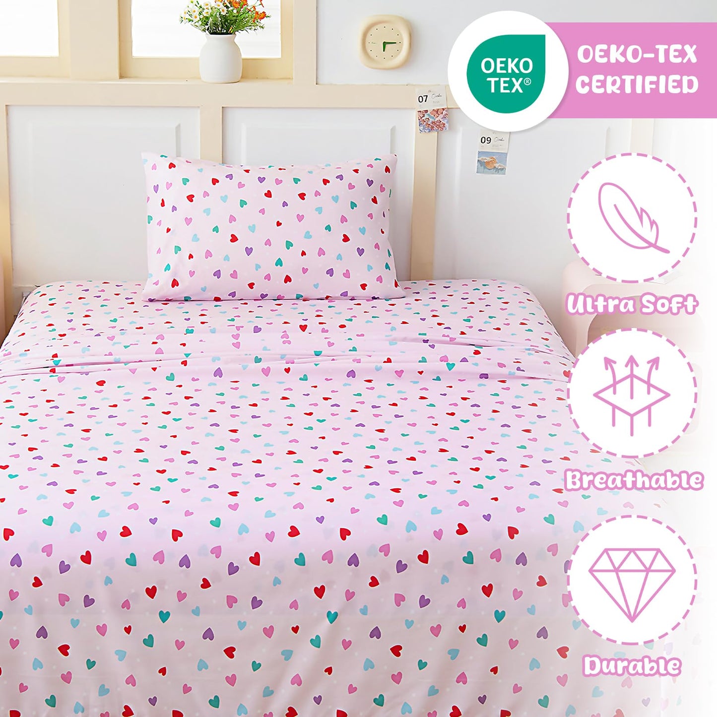 Swiftify Twin Sheets Set Kids for Boys & Girls, 3-Piece Bed Sheet Set for Toddler, Soft Brushed Microfiber Bedding, Deep Pocket, Wrinkle & Fade Resistant, Hearts