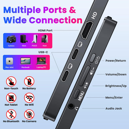 Portable Monitor 15.6" FHD 87% sRGB 60Hz IPS HDR HDMI USB-C Travel Monitor for Laptop MacBook PC Surface PS5 Xbox, External Display with Kickstand & Speakers, VESA Compatible