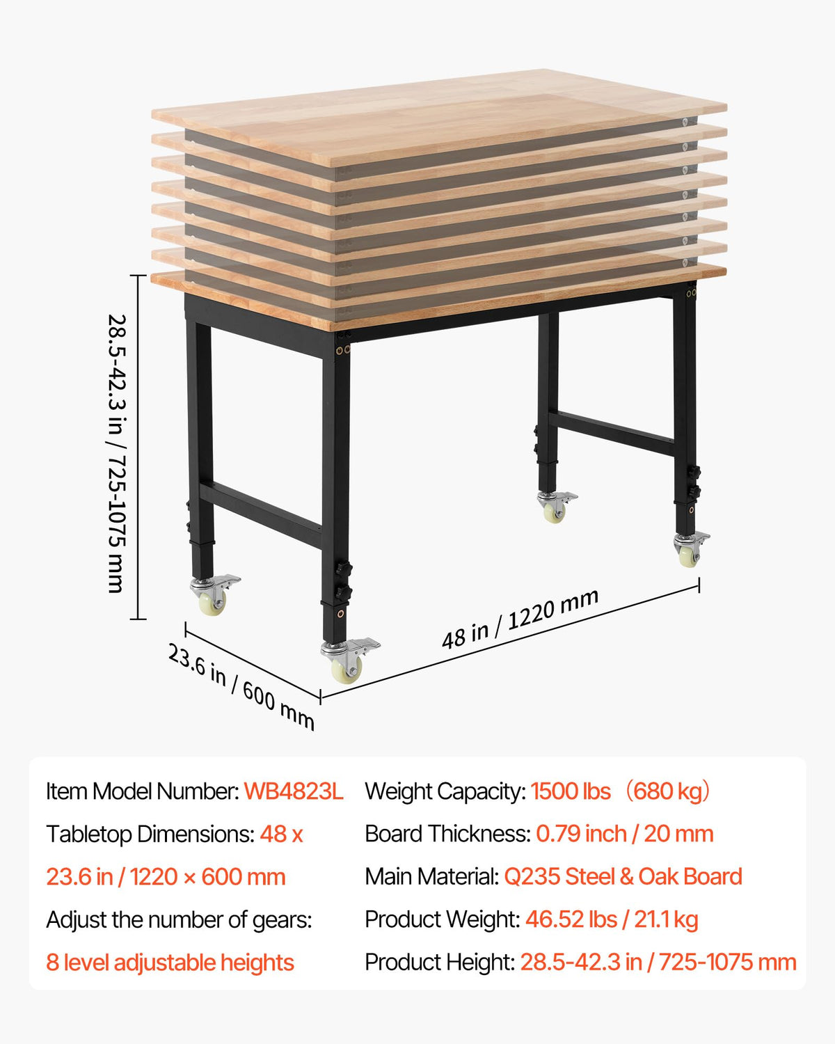 VEVOR Adjustable Workbench on Wheels, 1500 lbs Capacity, 48 x 24 Inch Oak Wood Top Workbench with 28.5-42.3 Inch Height Adjustment, Heavy-Duty Hardwood Worktable for Garage, Workshop, Home, Office