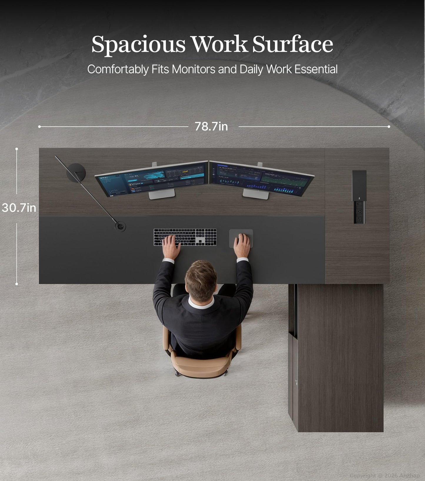 Anzhap 79" L-Shaped Executive Desk with Power Outlets & Reversible Return, Luxury Office Desk with Drawers, Storage Shelves and Ventilated CPU Compartment for Home and Office (79" L x 65" W x 30" H)