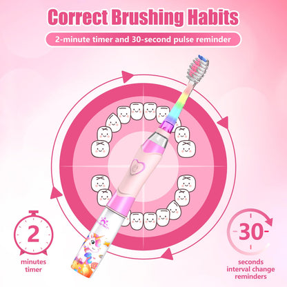Kids Electric Toothbrush 3-5-6-12, Toddler Toothbrush Girls Electric Toothbrush with Timer Rainbow LED Light Up Sonic Battery Powered Junior Childrens Electric Toothbrush (Unicorn Pink)