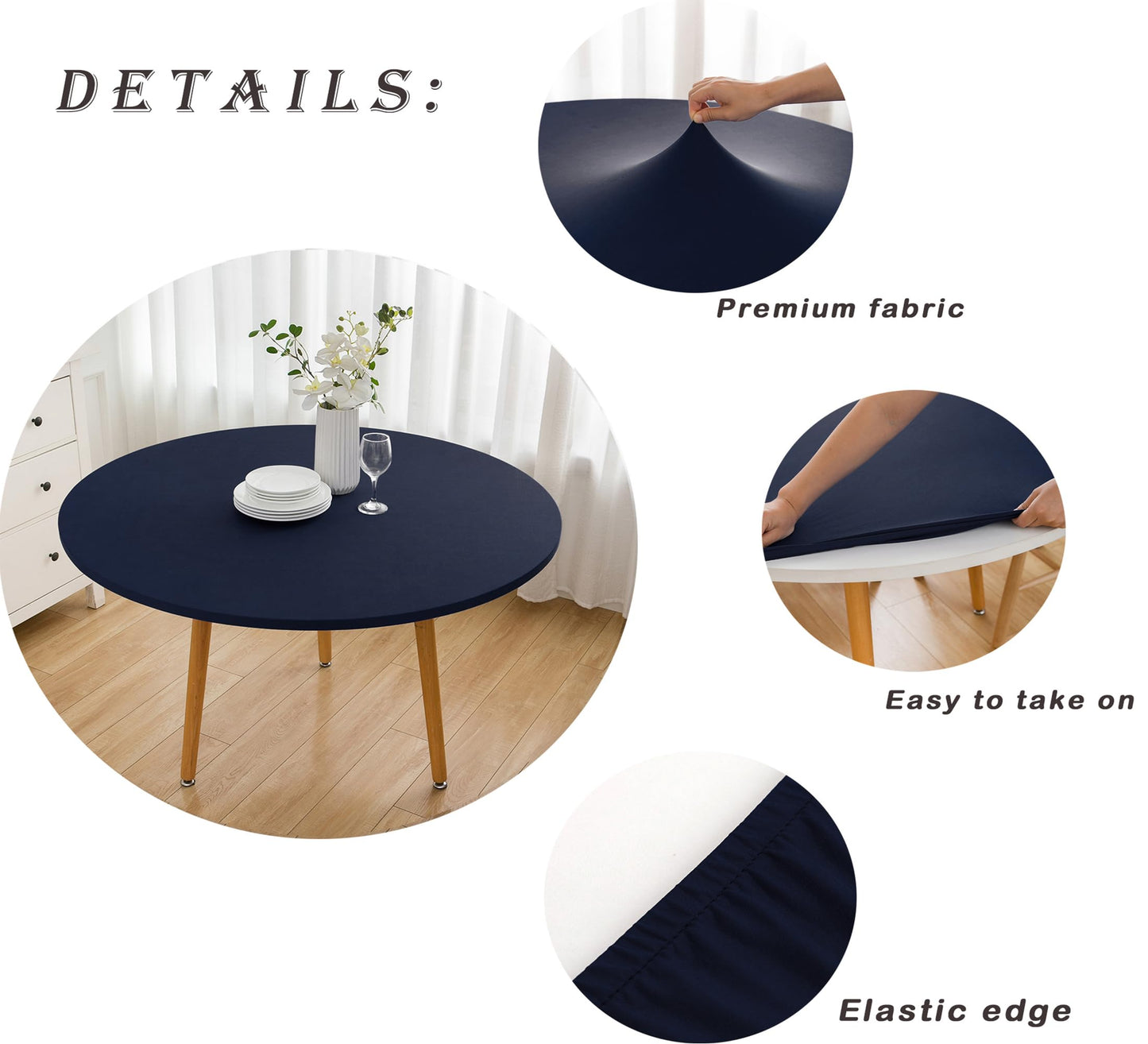 Wolkemer 5ft Fitted Round Tablecloth Spandex Stretch Cocktail Table Cover Elastic Edge Navy Table Topper Cap for Dining Wedding Party Picnic 60 Inch