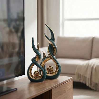 LCCCK Green and Gold Abstract Ceramic Sculpture Set of 2 Modern Electroplated Figurines Decorative Statues for Living Room Shelf Mantel Tabletop Home Decor Housewarming Gift