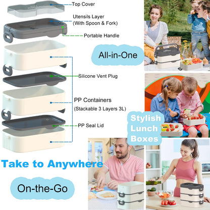 Kenuket Bento Box Adult Lunch Box, Stackable 3 Layers Large Capacity Lunch Containers, Microwave and Dishwasher Safe Food Grade Containers with Utensils, Dividers and Sauce Boxes for Men, Women, Kids