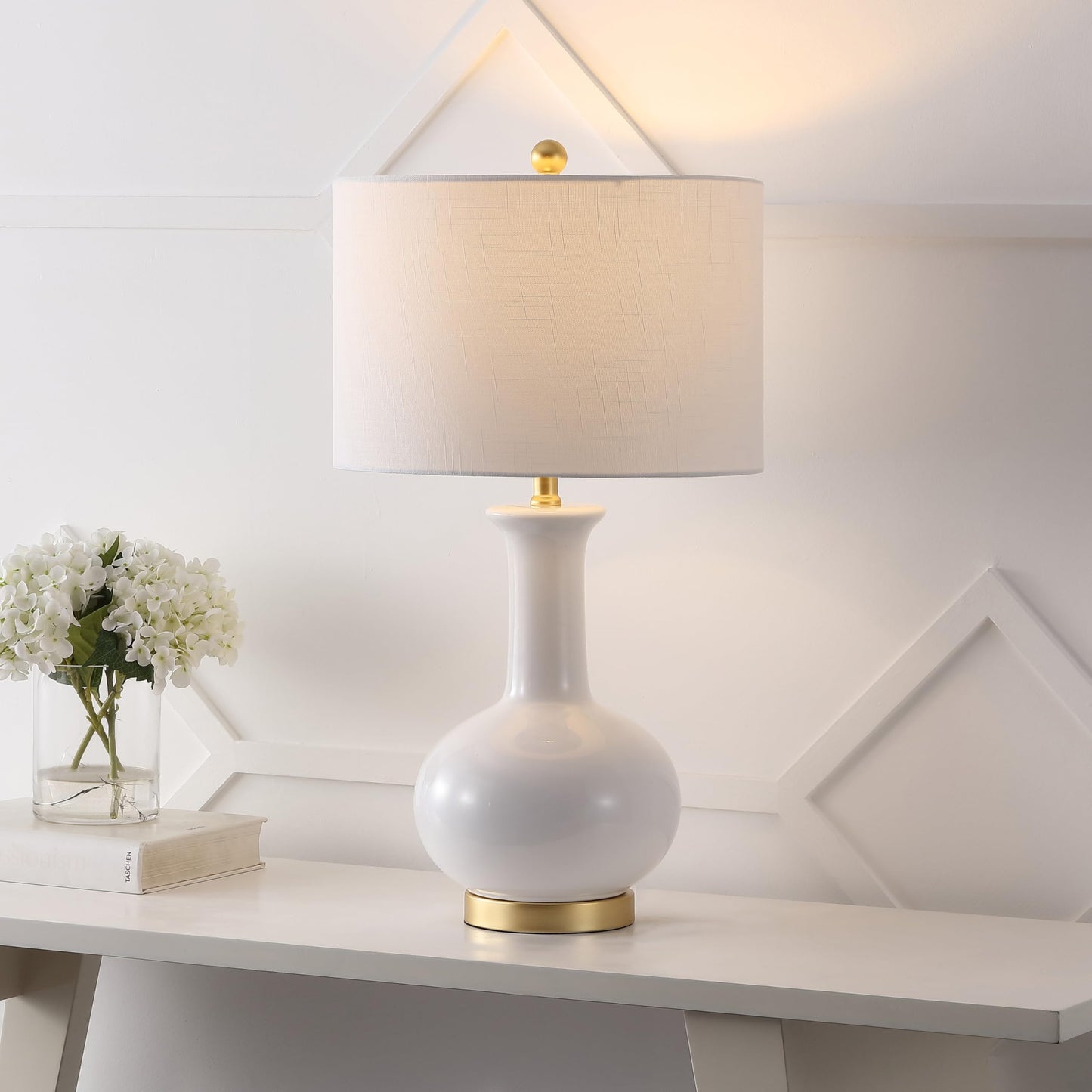 JONATHAN Y 27" White/Gold Ceramic Table Lamp for Living Room Bedroom, Modern Transitional Nightstand Lamp with White Linen Drum Shade, LED Bulb Included JYL6208A
