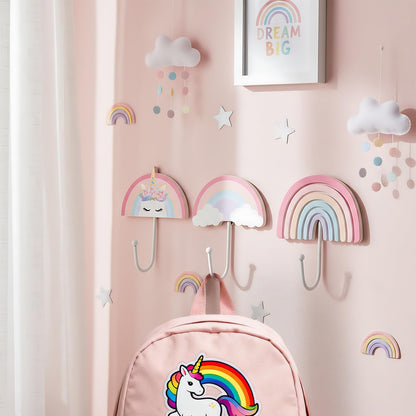 AceOrbit 3 Pcs Rainbow Wall Hooks Unicorn Wall Hangers Pink Nursery Coat Rack Rainbow Art Holder for Kids Bedroom Home Decoration