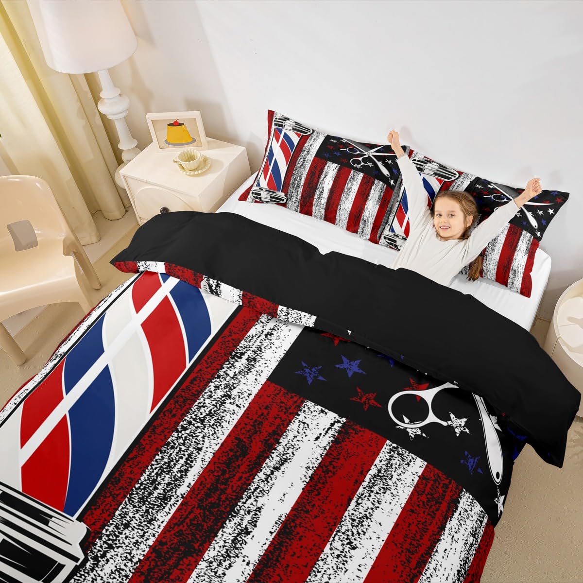 American Flag Duvet Cover Set Full Size,Retro Rustic Stars Stripes USA Flag Comforter Cover with 2 Pillowcases,Barber Haircut Themed Neon Light Breathable Bedspread for Boys Teens,Pillow Sham