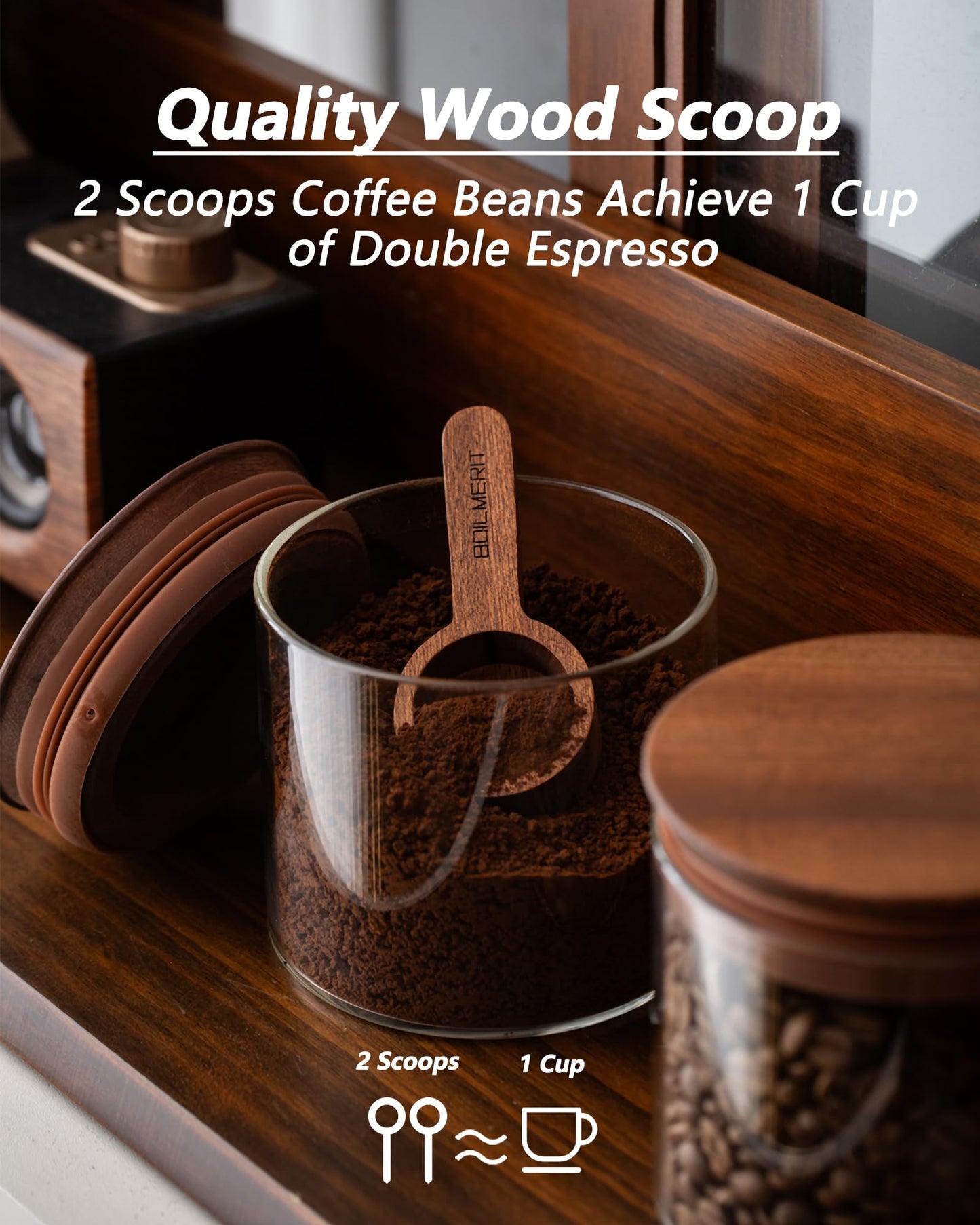 BOILMERIT 17 oz Coffee Canister with Scoop and Wooden Lids, Airtight Glass Coffee Beans Storage Container Sets of 2 for Ground Coffee,Food Storge Jars for Ground Coffee Bar Cereal Snack