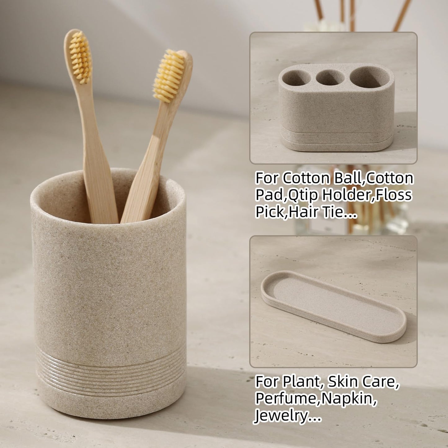 WUUAHOME Bathroom Accessories Set, 4 pcs Toothbrush Holders Set Included 3 Slots Electric Toothbrush and Toothpaste Holder Stand, 2 Tumblers & Tray for Bathroom Countertop Sink Modern Decor (Beige)