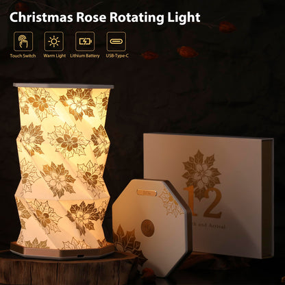 ZBOLE Birthday Flower Folding Rotating Lamp - December Christmas Rose, Rechargeable Folding Paper Light, Elegant Gift Box – Ideal Anniversary, Birthday Gift for Women, Mom, Sister, Grandma-White