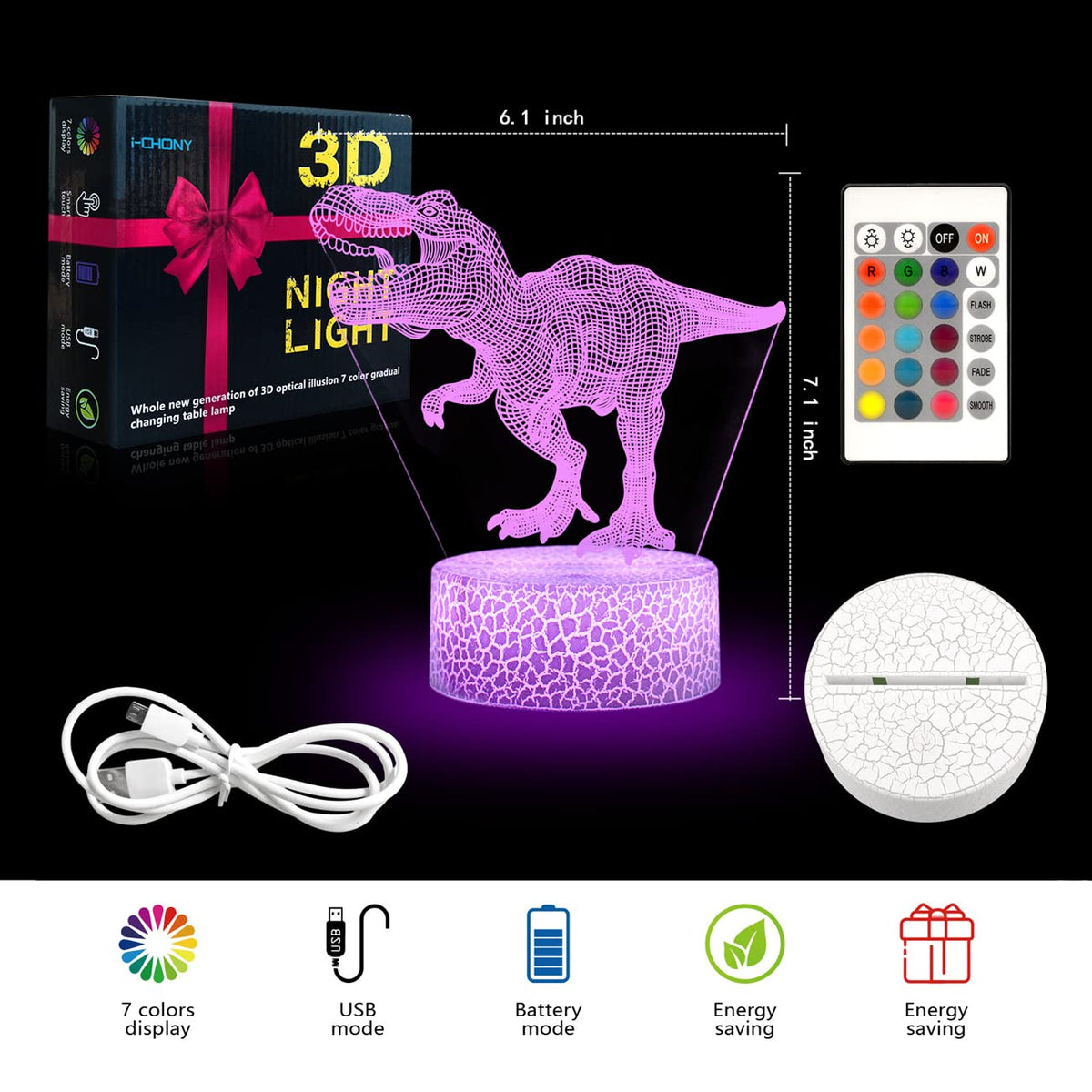 i-CHONY Dinosaur Night Light, 3D Illusion Lamp, 16 Colors