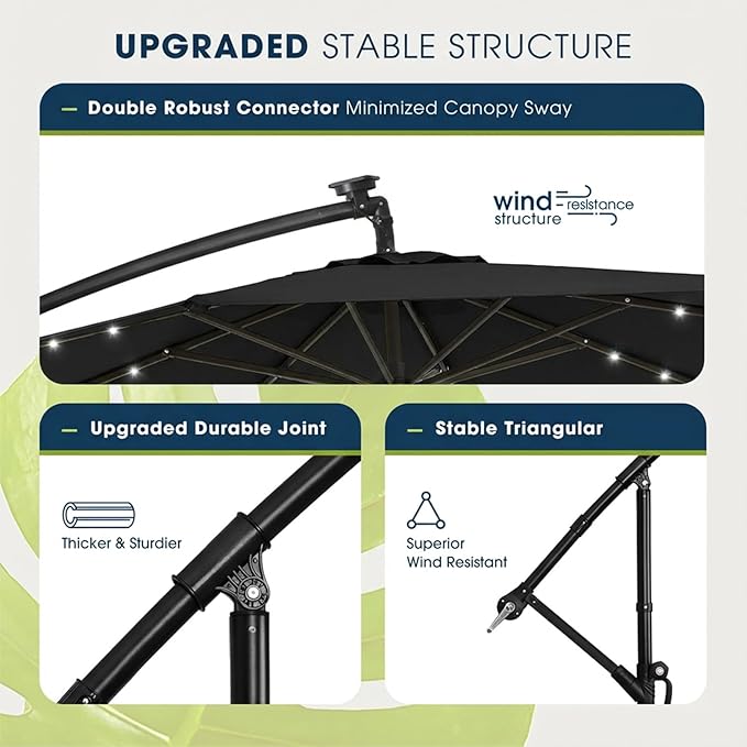 wikiwiki 10ft Solar LED Patio Umbrella with Base Included, Offset Umbrella with Weighted Sandbag Base, Cantilever Patio Umbrellas for Backyard, Garden & Deck, 32 LED Lights & Polyester Shade, Black