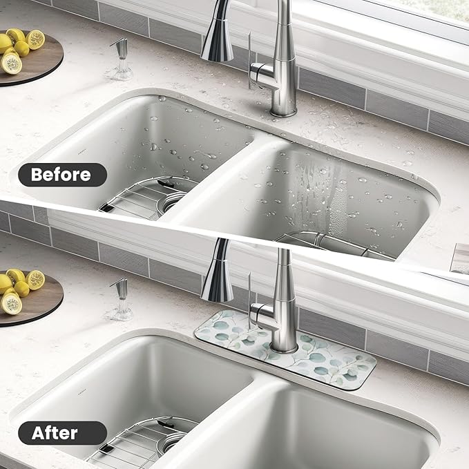 Sage Green Leaves Watercolor Branch Plant Kitchen Sink Splash Guard Faucet Mat