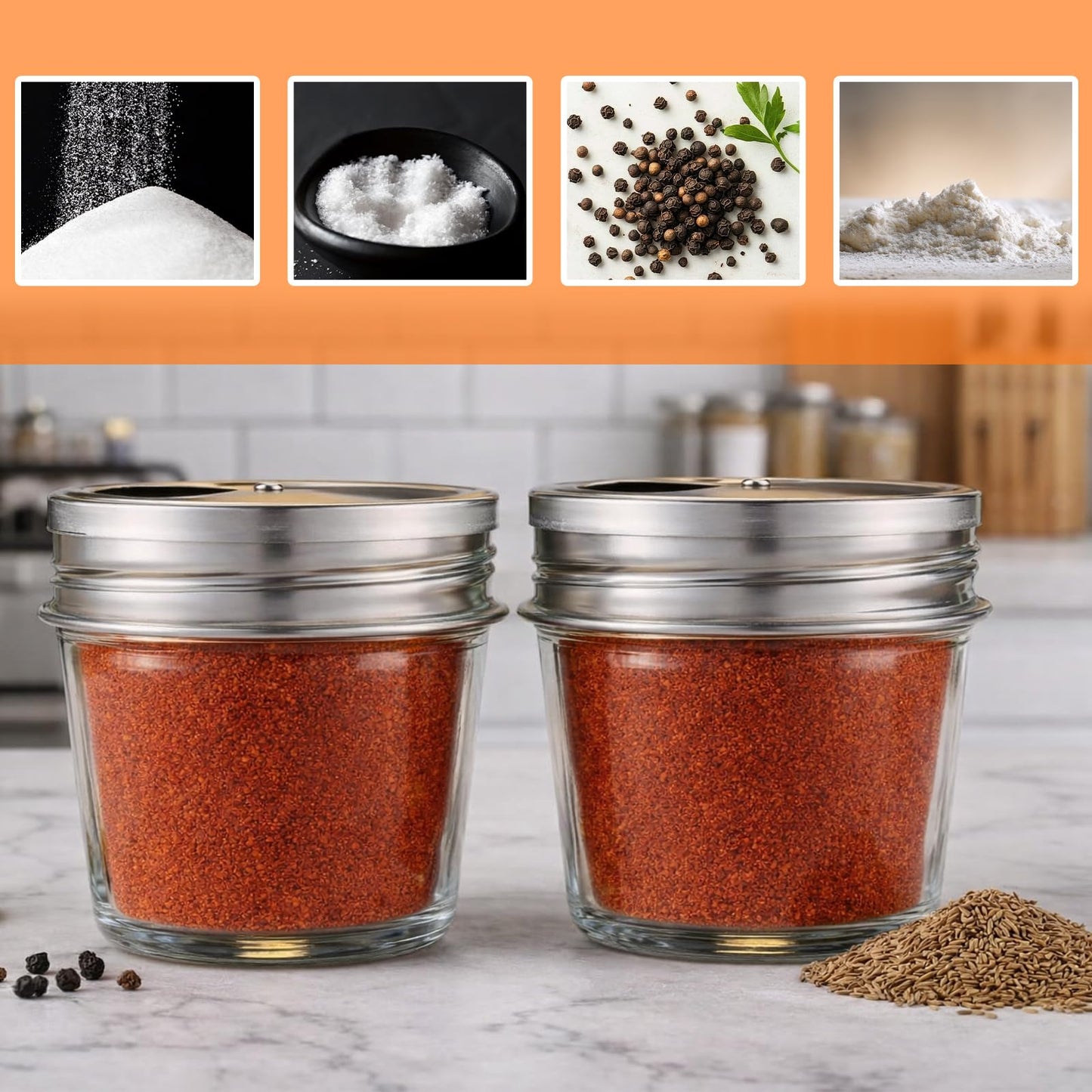 2 Pack Adjustable Mason Jar Spice Shaker Lids with Silicone Sealing Ring Gasket for Regular Mouth Adjustable Tops Pour Spout Seasoning Shaker Dispenser for Spices Salt Sugar Flour Seasonings (2)