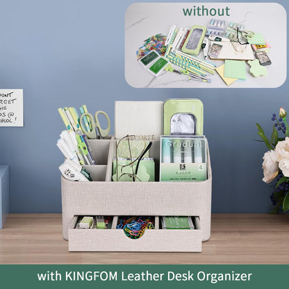 KINGFOM PU Leather Desk Organizer with Drawer, 5 Compartments Desktop Storage Caddy for Office & Home Supplies, Pen Holder for Remote Control, Phone & Accessories, Mail Organizer Countertop(Beige)