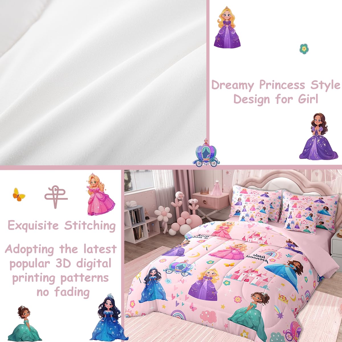 jejeloiu Kids 7 Piece Princess Bedding Set Queen Size Pink Castle Bed Set Includes Comforter, Sheet Set, Pillowcases & Pillow Covers Bedroom Decor Fairy Dreamy Bed in a Bag Breathable Soft