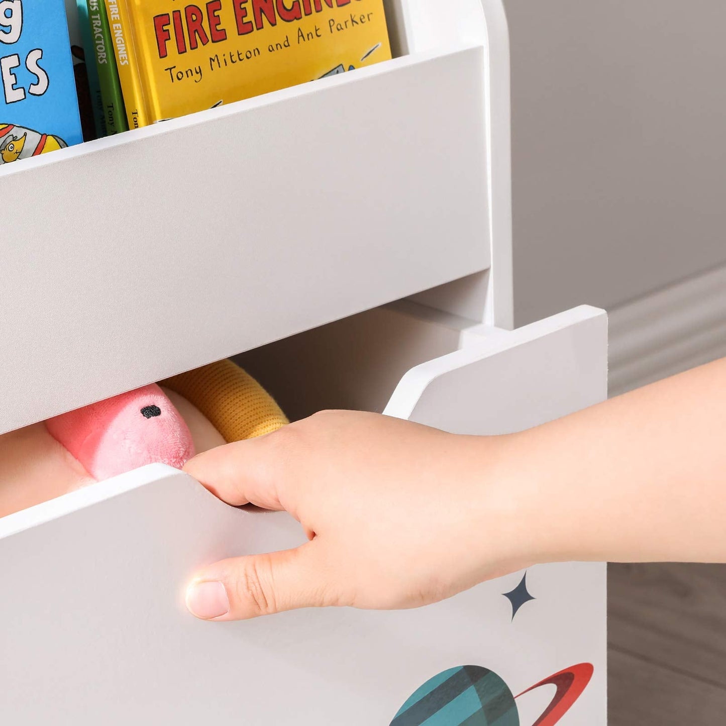 SONGMICS Toy Organiser, Children抯 Bookshelf with 3 Shelves, Removable Storage Box with Wheels, Multipurpose, for Children's Room and Playroom, White GKR41WT