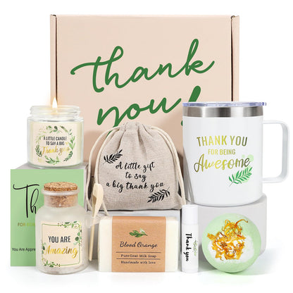 iAOVUEBY Thank You Gift Baskets for Women, Employee Appreciation Gifts, 8PCS Thank You Gift Box with Tumbler & Spa Set, Gift for Coworkers, Teacher, Boss, Secretary, Nurse, Front Desk